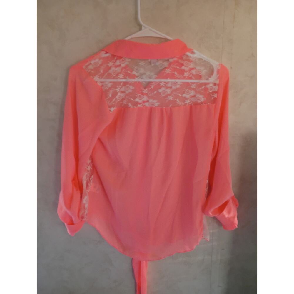 Candies Y2K Tie Front Lace Blouse Vivid Coral Orange Going Out Top Small Western - Picture 11 of 13
